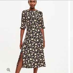 Loft Floral Ruffle Sleeve Midi‎ Dress Size 14 black romantic classic bohemian